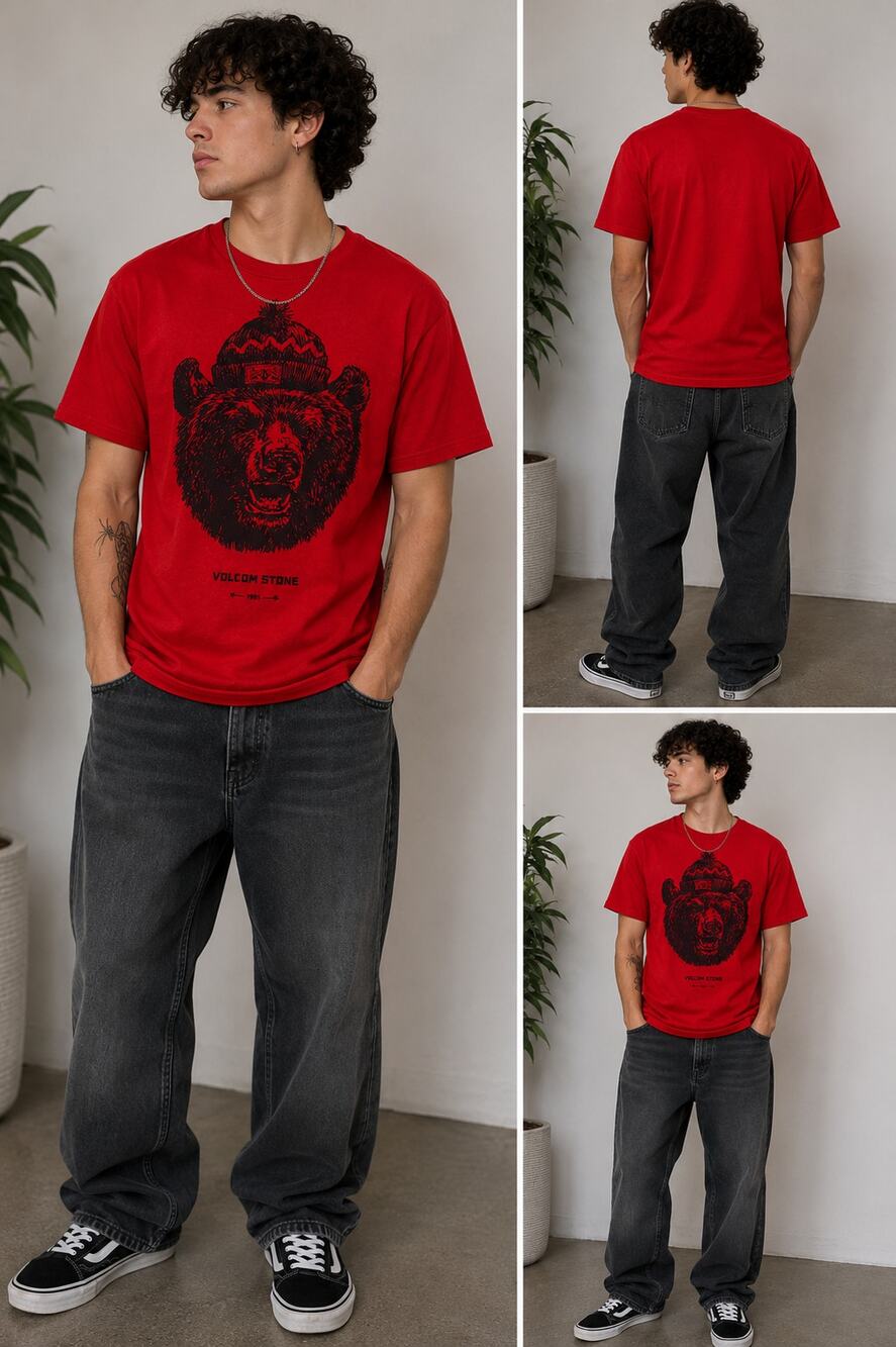 Volcom Stone Bear Graphic T-Shirt Red Skate Surf Y2K Snow Beanie Logo Size S